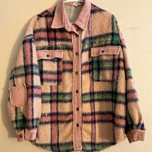 POL Teddy Shacket in Pink Plaid with Green and Navy Accents